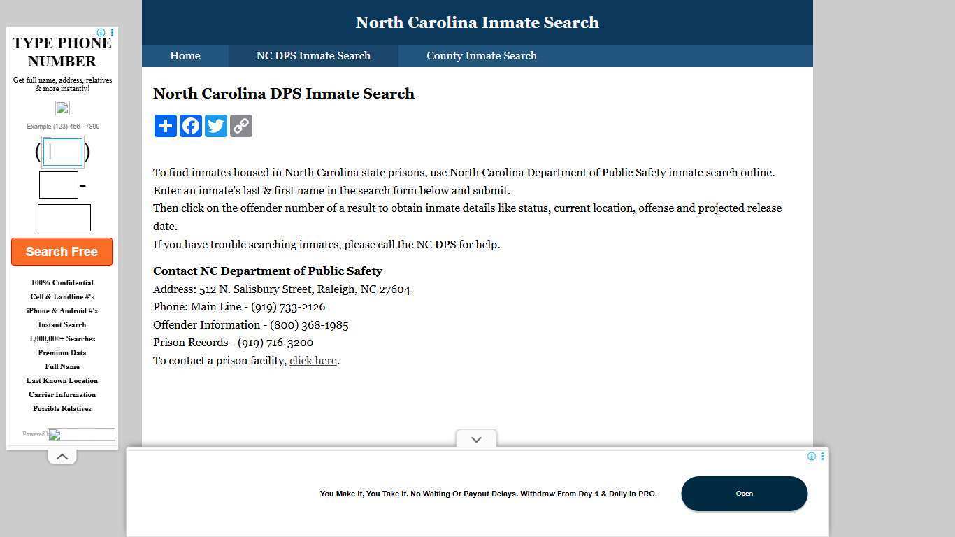 North Carolina DPS Inmate Search